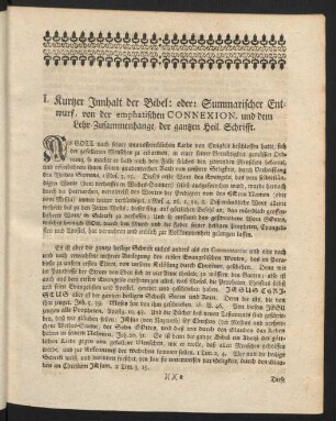 I. Kurtzer Innhalt der Bibel: oder: Summarischer Entwurf, von der emphatischen Connexion, und dem Lehr-Zusammenhange, der gantzen Heil. Schrifft.
