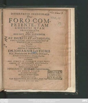 Dissertatio Inauguralis De Foro Competente, Tam Communi Quam Privilegiato