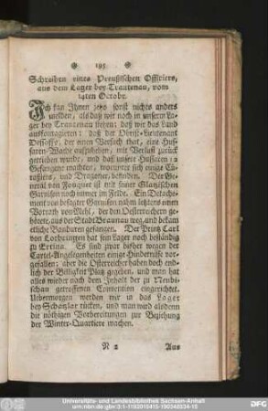 Schreiben eines Preußischen Officiers, aus dem Lager bey Trautenau, vom 14ten Octobr.