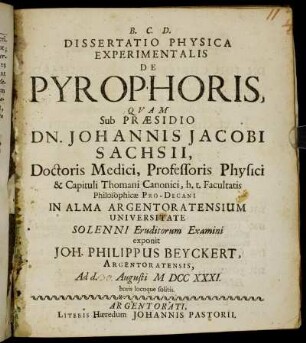 Dissertatio Physica Experimentalis De Pyrophoris