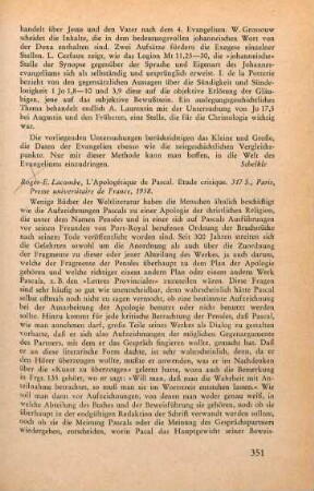 351-354 [Rezension] Lacombe, Roger Étienne, L' apologétique de Pascal