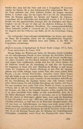 351-354 [Rezension] Lacombe, Roger Étienne, L' apologétique de Pascal