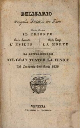 Belisario : Tragedia lirica in 3 parti