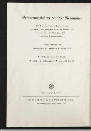 Das oldenburgische Dragoner-Regiment Nr 19 im Weltkriege : mit einem Anhang: Das Reserve-Dragoner-Regiment Nr 6