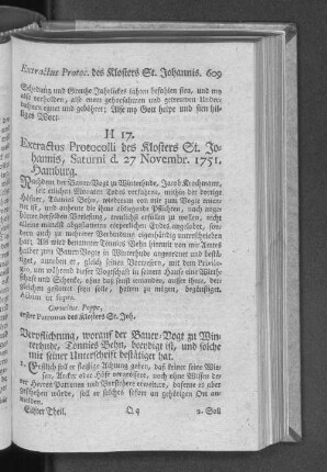H 17. Extractus Protocolli des Klosters St. Johannis, Saturni d. 27 Novembr. 1751. Hamburg.