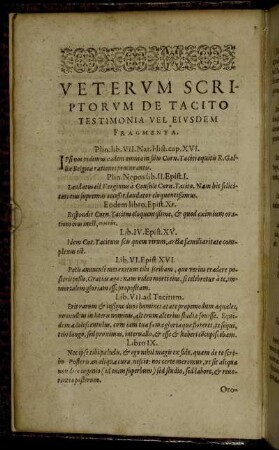 Veterum Scriptorum De Tacito Testimonia Vel Eiusdem Fragmenta.