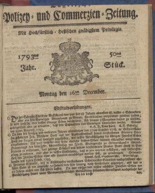 50tes Stueck, Montag den 16ten December 1793