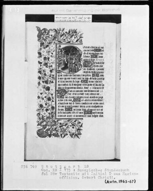 Liber horarum — Initiale D (eus) mit Geburt Christi, Folio 28verso
