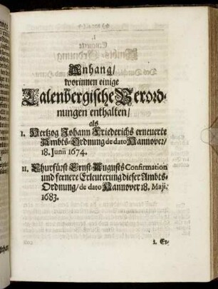 Anhang/ worinnen einige Calenbergische Verordnungen enthalten