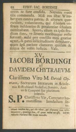 XV. Iacobi Bordingi ad Davidem Chytraeum