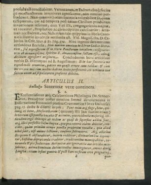 Articulus II. ... Sententiae verae continens.