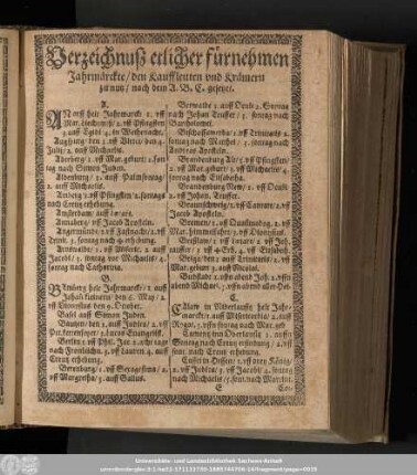 Verzeichnuß etlicher fürnehmen Jahrmärckte/ den Kauffleuten und Krämern zu nutz/ nach dem A. B. C. gesetzet.
