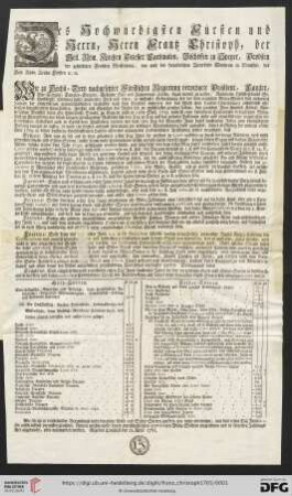 Wir zu Höchst = Dero nachgesetzter Fürstlichen Regierung verordnete Präsident, Canzler, [...]