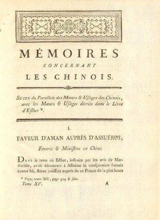 Suite du parallele des moeurs & usages des Chinois, avec le moeurs & usages décrits dans le livre d'Esther