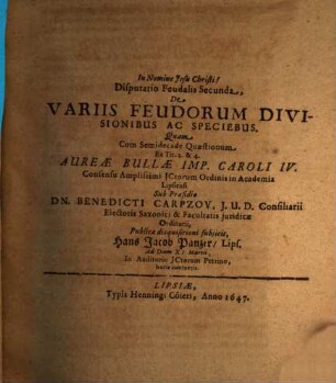 Disputatio feudalis ..., 2. De variis feudorum divisionibus ac speciebus