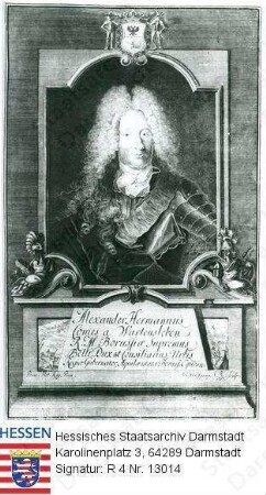 Wartensleben, Alexander Graf v. (1650-1734) / Porträt, Brustbild in Rahmen, mit Wappen und Sockelinschrift