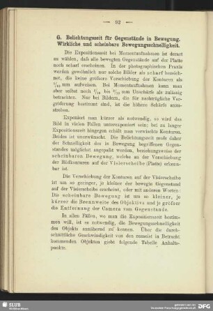 V. Belichtungszeit für Gegenstände in Bewegung. Wirkliche und scheinbare Bewegungsschnelligkeit