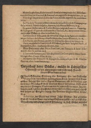 Verzeichniß derer Bücher/ welche in Leipzigischer Ostermesse 1643. ausgangen/ ...