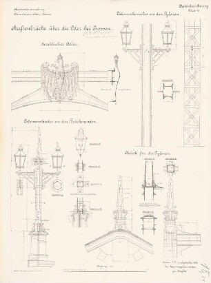 Straßenbrücke über die Oder, Crossen/Oder: Heraldischer Adler, Laternenständer, Pylone: Ansichten, Schnitte 1:20