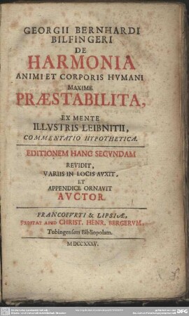 Georgii Bernhardi Bilfingeri De Harmonia Animi Et Corporis Humani, Maxime Praestabilita, Ex Mente Illustris Leibnitii, Commentatio Hypothetica