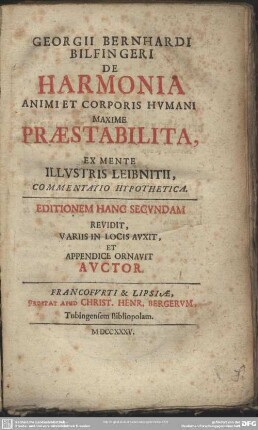 Georgii Bernhardi Bilfingeri De Harmonia Animi Et Corporis Humani, Maxime Praestabilita, Ex Mente Illustris Leibnitii, Commentatio Hypothetica