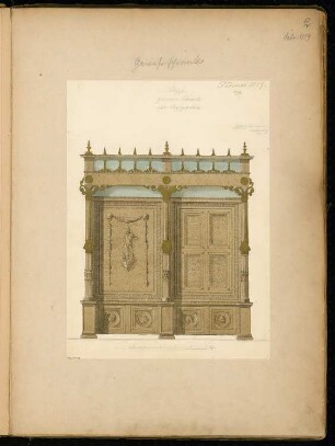 Gewehrschrank Monatskonkurrenz Februar 1859: Aufriss Vorderansicht; Maßstabsleiste