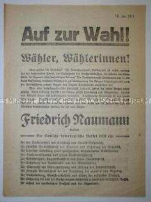 Propagandaflugblatt der DDP für ihren Spitzenkandidaten Friedrich Naumann bei der Wahl zur Nationalversammlung