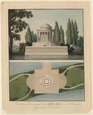 Das geplante Goethe-Denkmal auf einer Maininsel in 2 Ansichten: Außenansicht und Grundriss