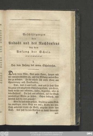 I. Bey dem Anfang des neuen Schulcurses.