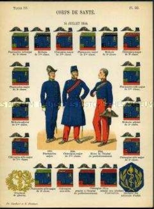 Uniformdarstellung, Apotheker-Major, Chirurgie-Major und Schüler des Sanitäts-Korps, Detailstudien von Kopfbedeckungen und Abzeichen des Sanitäts-Korps, Frankreich, 1821/1844.