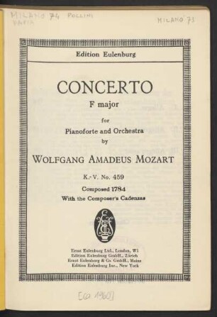 Concerto F major for pianoforte and orchestra : K.-V. No. 459 : with the composer's cadenzas