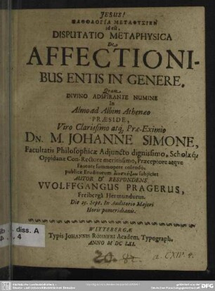 Disputatio metaphysica de affectionibus entis in genere