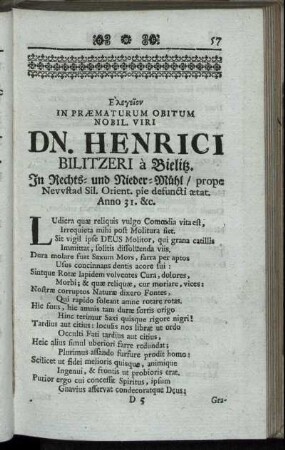 In Præmaturum Obitum Nobil. Viri Dn. Henrici Bilitzeri à Bielitz.