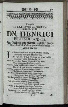 In Præmaturum Obitum Nobil. Viri Dn. Henrici Bilitzeri à Bielitz.