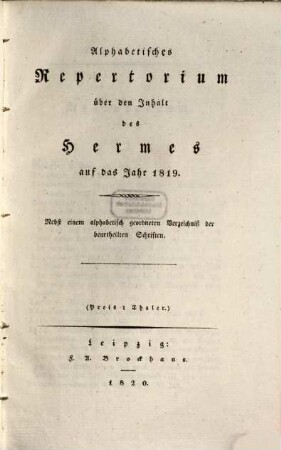 Hermes oder kritisches Jahrbuch der Literatur. 1819, Register