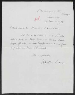 Brief von Walther Lampe an Gerhart Hauptmann