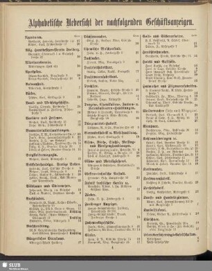 Alphabetische Uebersicht der nachfolgenden Geschäftsanzeigen