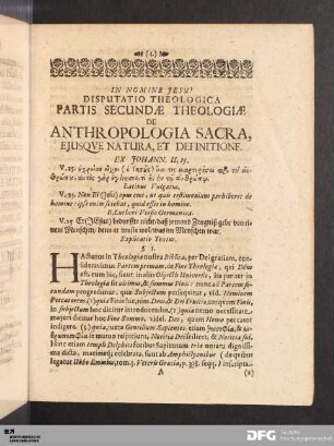 Disputatio Theologiae, De Antropologia Sacra, Ejusque Natura, Et Definitione.