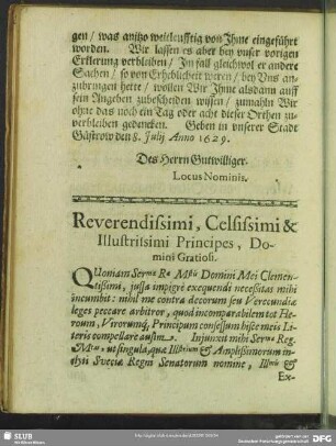 Reverendissimi, Celsissimi & Illustrissimi Princeps ... [22. Juli 1629]