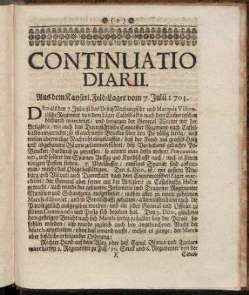 Continuatio Diarii. Aus dem Kayserl. Feld-Lager vom 7. Julii 1701.