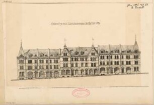 Wohnhausgruppe, Bochum Monatskonkurrenz Juni 1884: Aufriss Straßenansicht; Maßstabsleiste