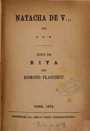Natacha de V... : Par *** Suivi de Rita par Edmond Plauchut
