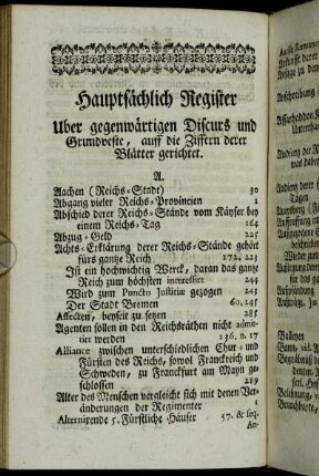 Hauptsächlich Register Uber gegenwärtigen Discurs und Grundveste, auff die Ziffern derer Blätter gerichtet.
