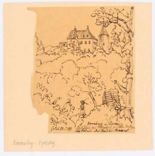 Emmaburg (Eyneburg), Hergenrath: Durchzeichnung: perspektivische Ansicht der Burg nach Gartenlaube 73, S. 199