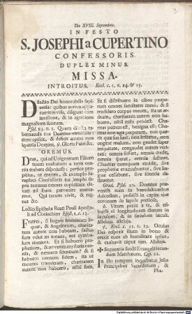 Die XVIII. Septembris. In Festo S. Josephi a Cupertino Confessoris. Duplex Minus. Missa : [Cum Permissu Elect. Collegii. Cens. Libr. Monachii. 1770.]
