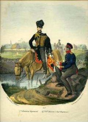 Uniformdarstellung, Husar des 7. Husaren-Regiments zu Pferd, Infanterist des 37. (5. Reserve-) Infanterie-Regiments, Preußen 1830. Aus: Elzholz u.a.: Das Preussische Heer. Tafel 45.