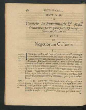 Sectio III. De Cautelis in innominatis & quasi Contractibus, pariterque in pactis & transactionibus observandis.