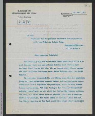 Brief vom G. Braun-Verlag an Helene Lange