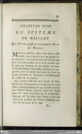 Chapitre XVIII. Du Systême de Maillet Qui fait les poissons les premiers Peres des Hommes