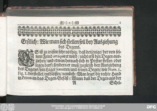 Erstlich: Wie man sich stellen soll bey den Ausziehung des Degens.